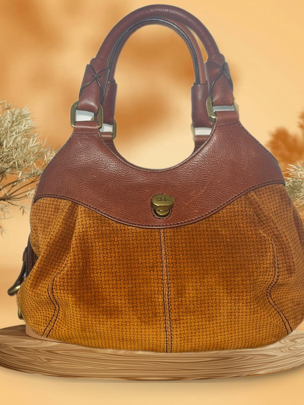 Cole Haan Brown Leather & Copper Basket Weave Stamped Suede Women's Shoulder Bag
